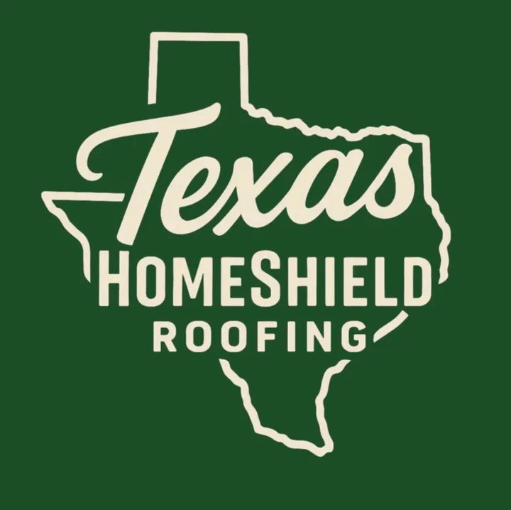 Texas HomeShield Roofing logo with the Texas state outline and cream‑colored text on a dark green background.
