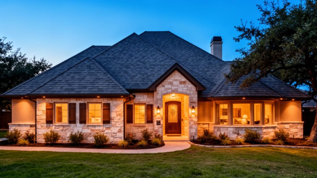 Single‑story home with a steep dark shingle roof, stone exterior, wooden shutters, and warm interior lighting at early evening.