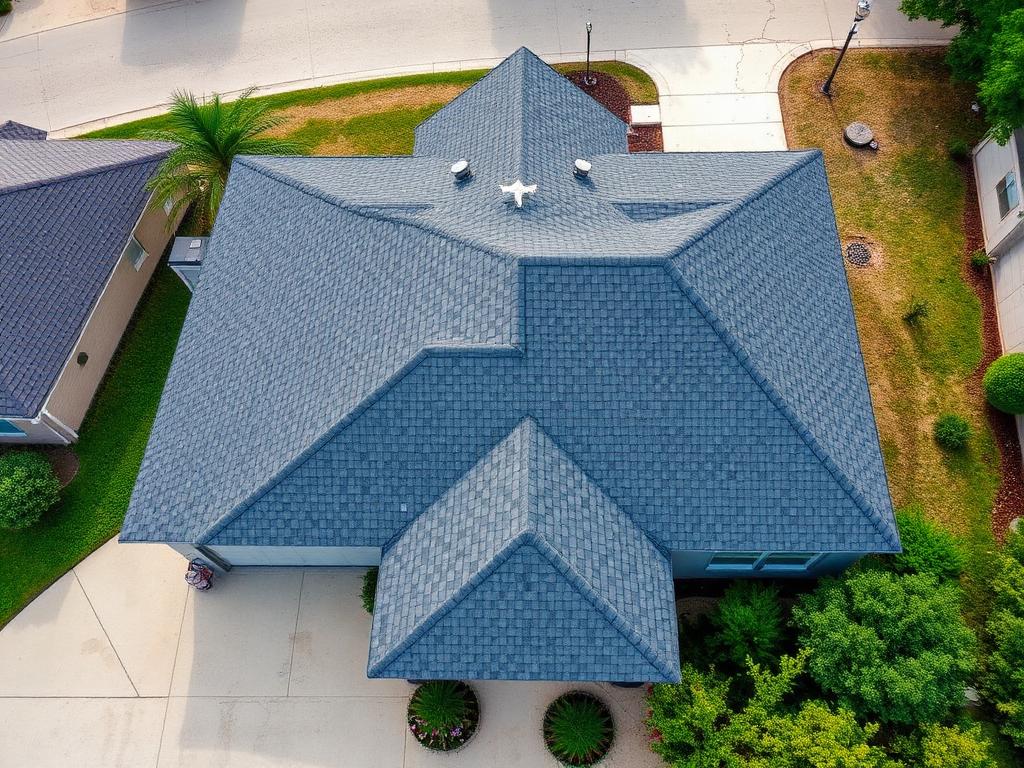 Aerial photo of a residential home with a blue‑gray multi‑angled shingle roof, surrounded by a driveway, shrubs, and neighboring houses.