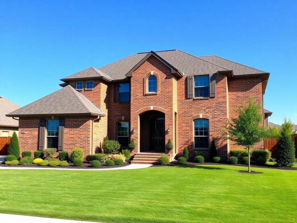 Two‑story brick home with a gray shingle roof, dark shutters, arched front entry, and landscaped lawn under a clear blue sky.