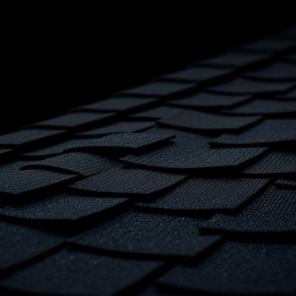 Close‑up of dark asphalt shingles arranged in a staggered pattern, showing detailed texture and overlapping edges.